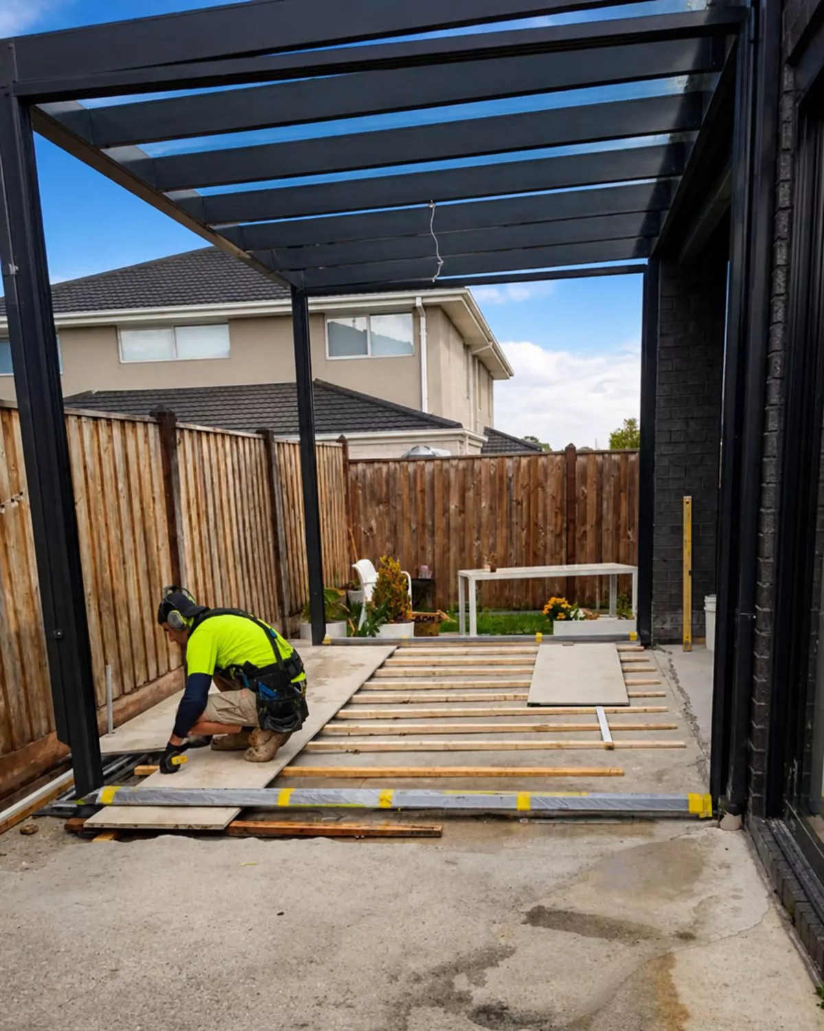 The black aluminium frame and roof beams standing over the courtyard while an installer lays the floor
