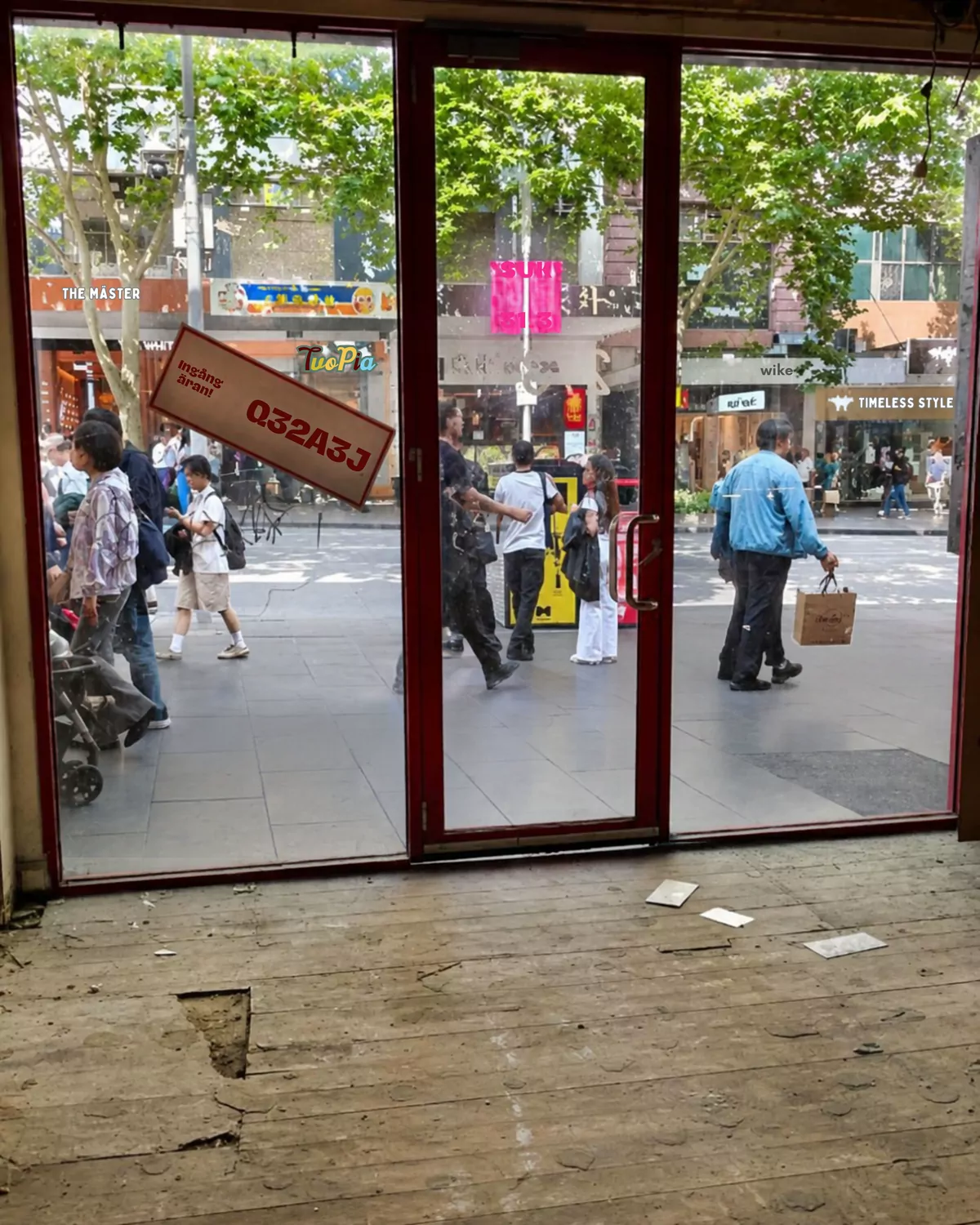 The old red-framed shopfront from inside the empty shop, looking out to a busy footpath