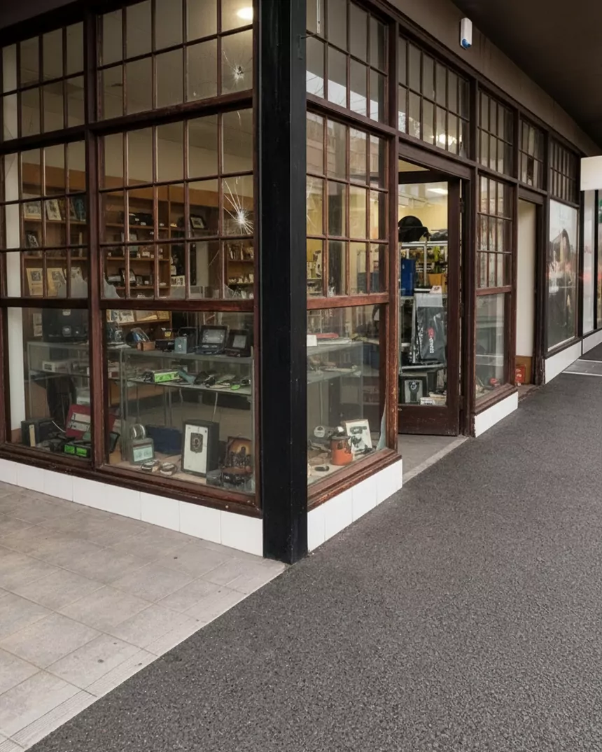 Before: a shop corner with old timber-framed windows and several smashed glass panes