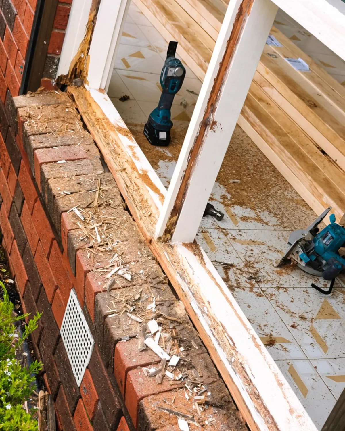 On a Glassy Slide job: a rotten timber window sill opened up, with a drill and saw on site